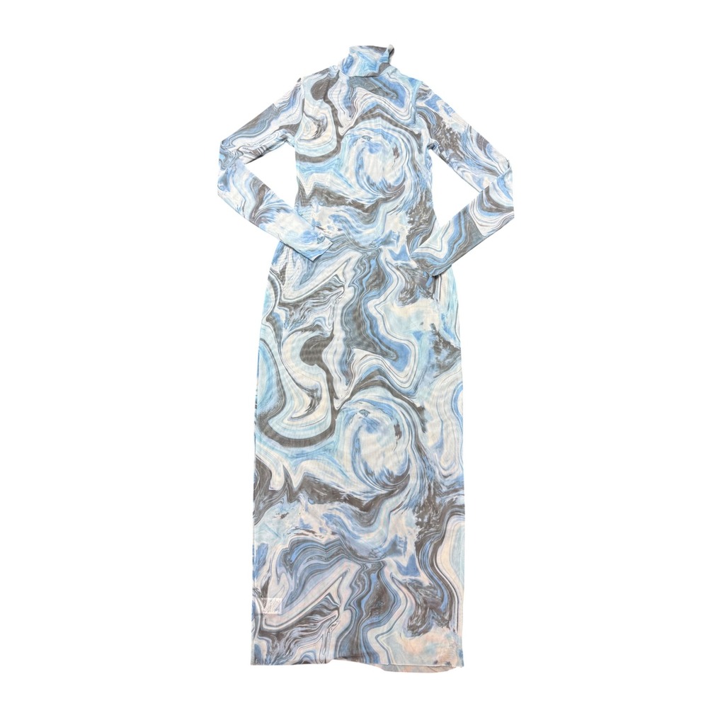 AFRM Mesh Maxi Dress Women Small Blue New Sheer Swirl Turtleneck AED021112 NET